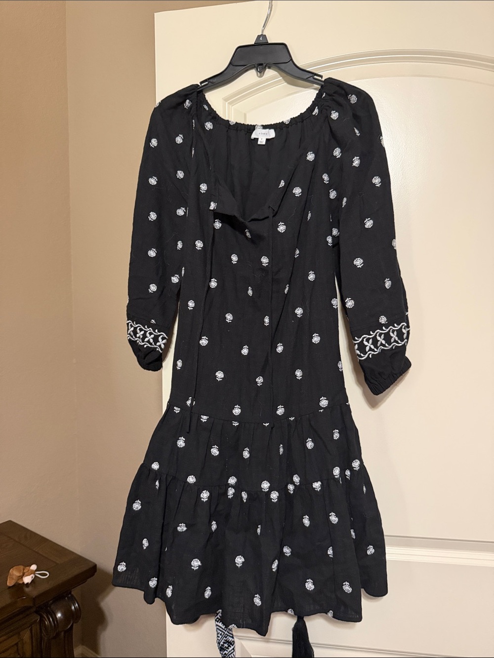 Black Embroidered Long-Sleeve Tiered Dress